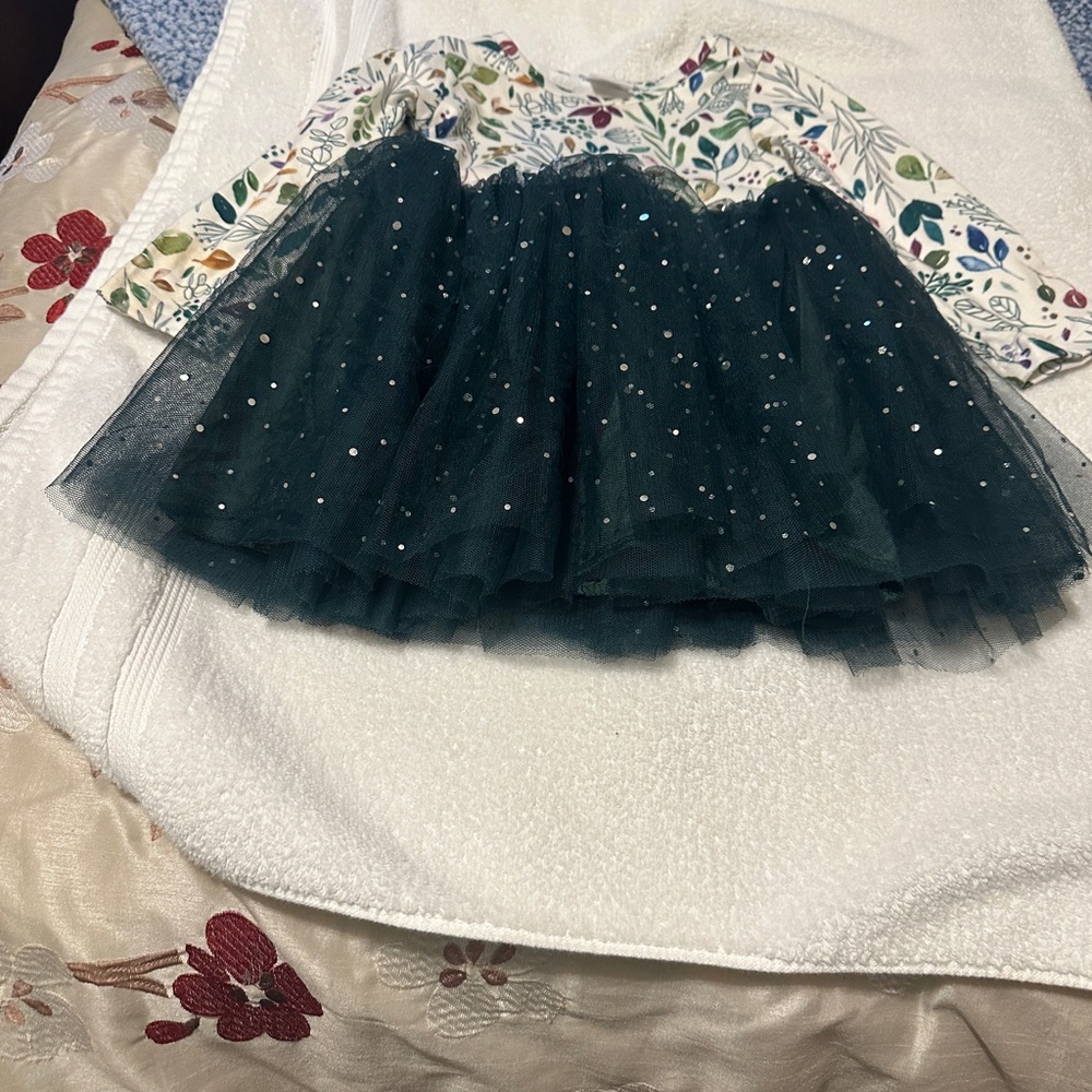Floral and Green Tulle Kids Dress